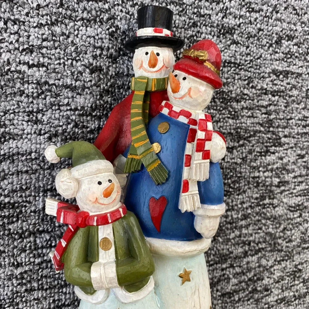 Snowman Family Christmas Figurine 12 Inch Folk Art Stone Resin Holiday Decor